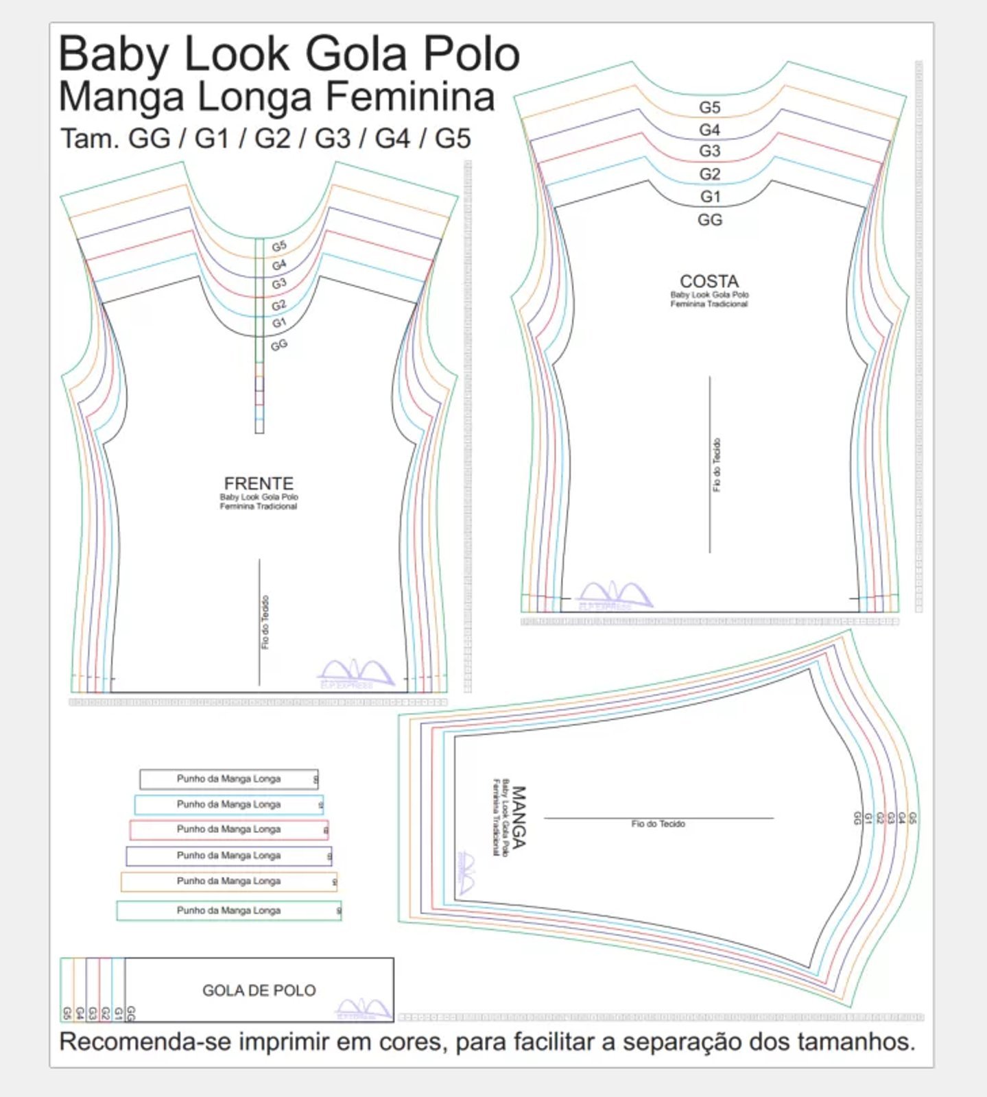 Molde de Costura Para Imprimir Camiseta - 24 - Baby look Gola Polo Tradicional Manga Longa (GG ao G5)