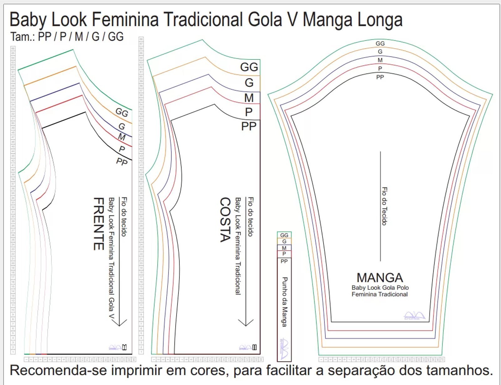 Molde de Costura Para Imprimir Camiseta - 08 - Baby Look Tradicional Gola V Manga Longa (PP ao GG)