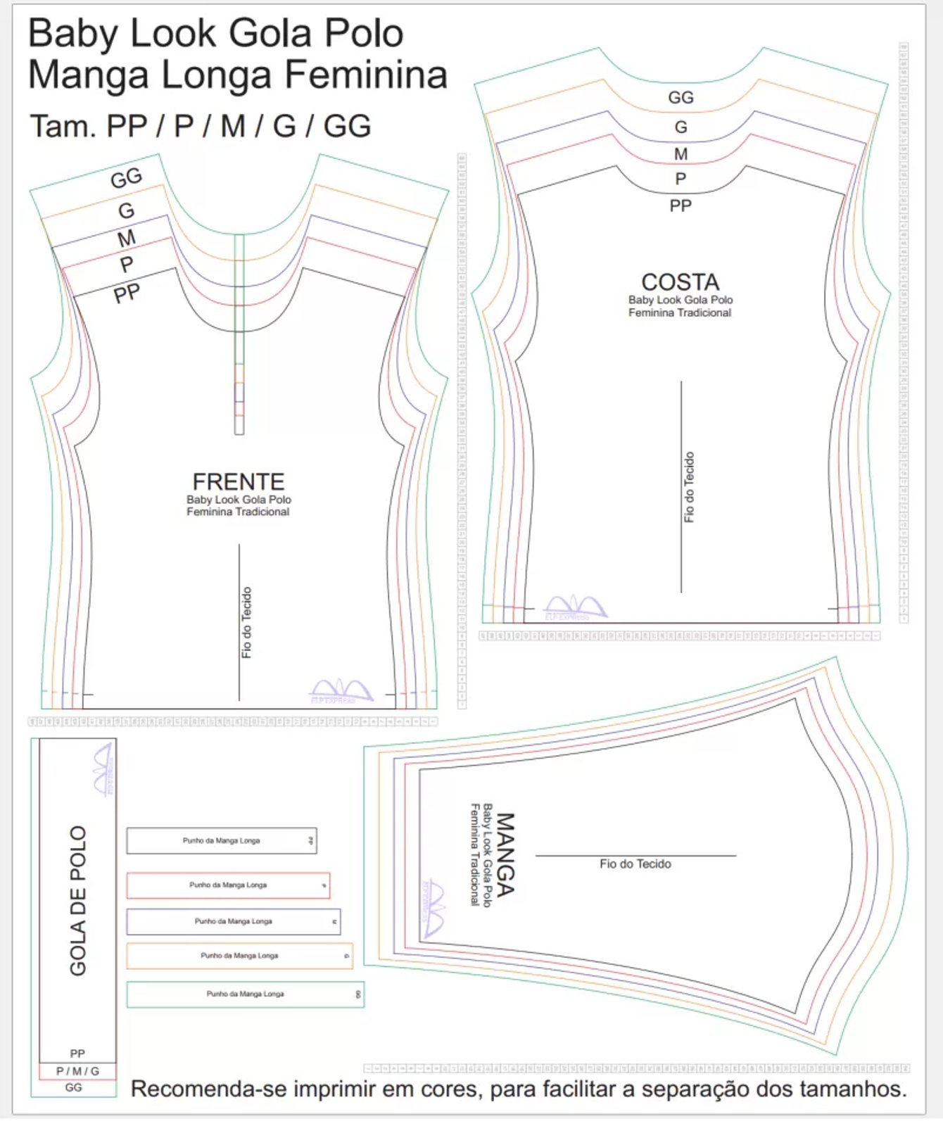 Molde de Costura Para Imprimir Camiseta - 20 - Baby look Gola Polo Tradicional Manga Longa (PP ao GG)