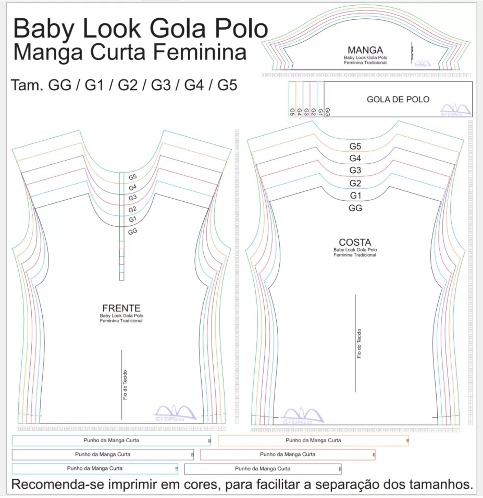 Molde de Costura Para Imprimir Camiseta - 23 - Baby look Gola Polo Tradicional (GG ao G5)