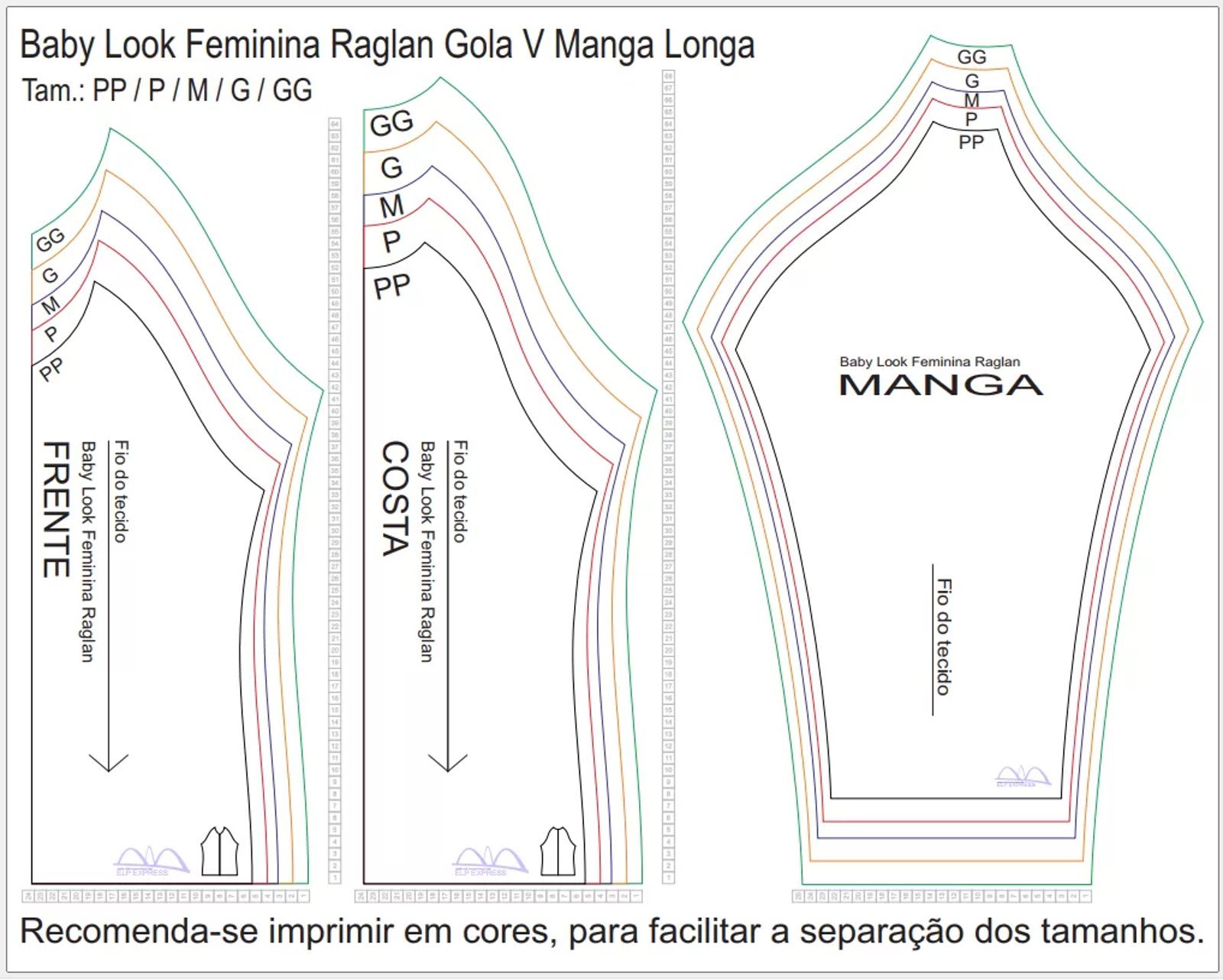 Molde de Costura Para Imprimir Camiseta - 04 - Baby Look Raglan Gola V Manga Longa (PP ao GG)