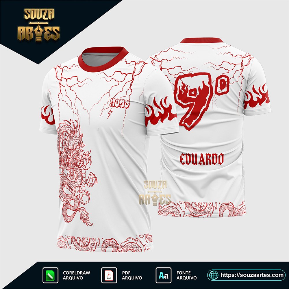 Arte Vetor Camisa Nono Ano Dragão Japonês Raios Vermelha