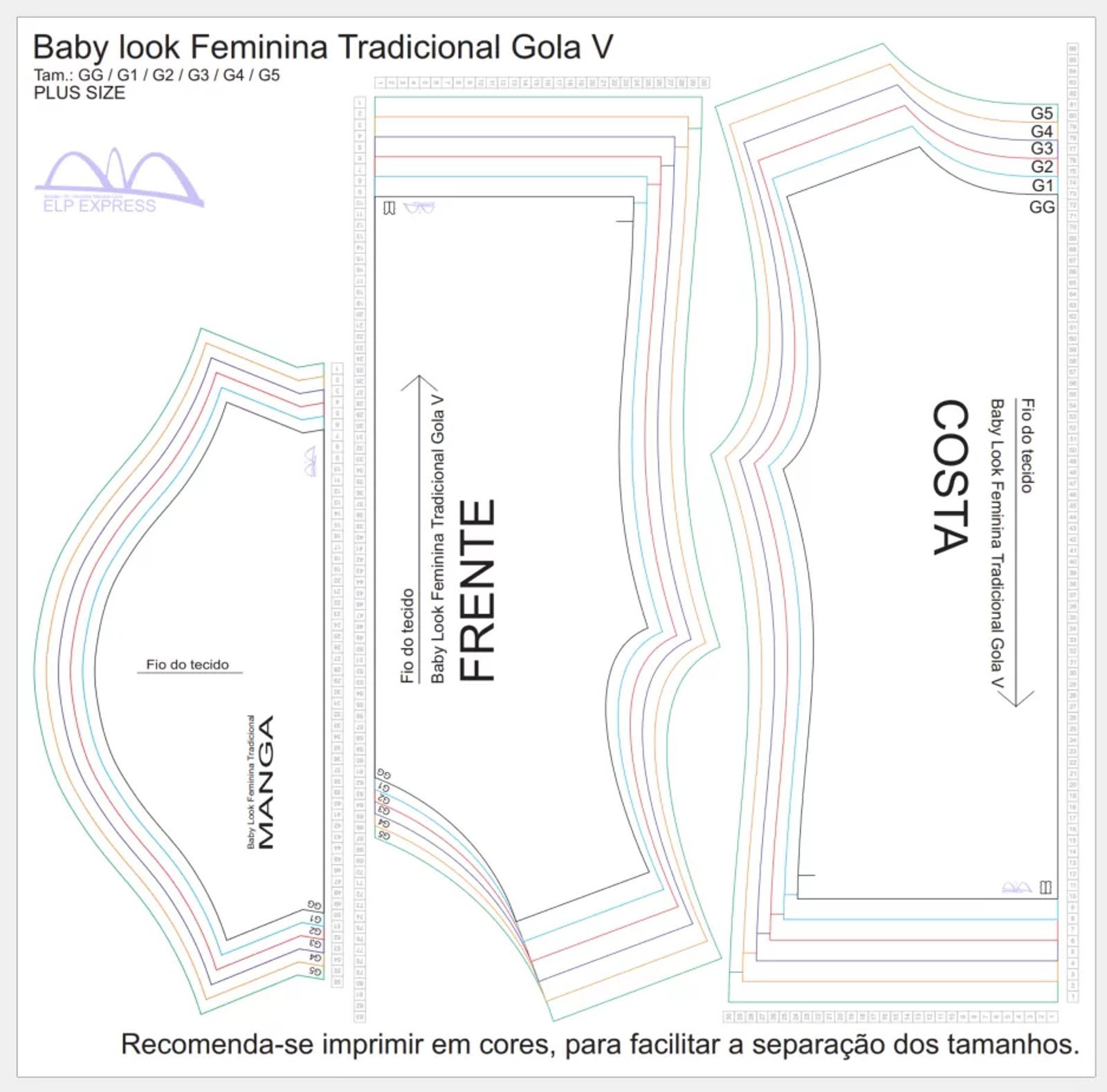 Molde de Costura Para Imprimir Camiseta - 15 - Baby Look Tradicional Gola V (GG ao G5)