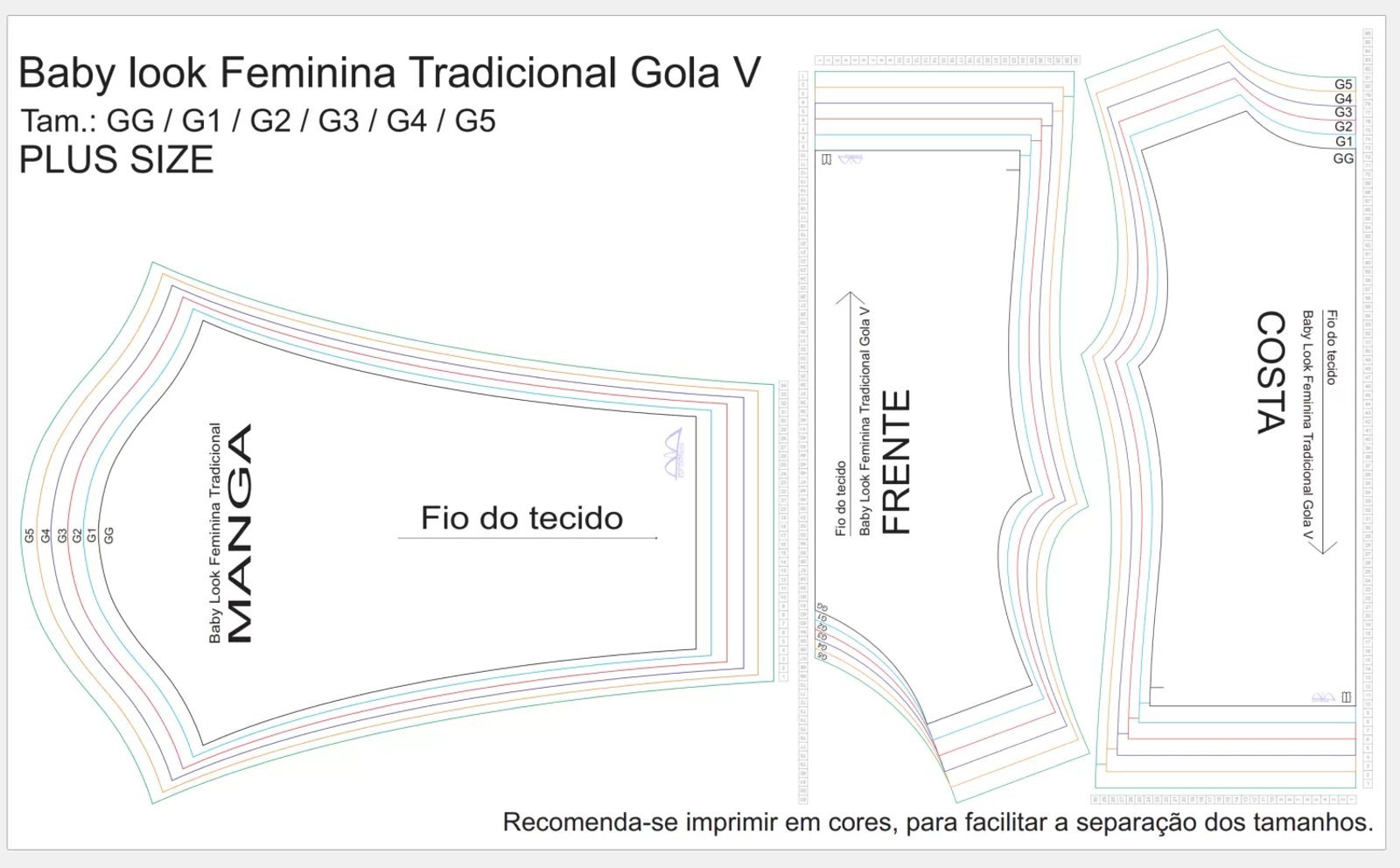 Molde de Costura Para Imprimir Camiseta - 16 - Baby Look Tradicional Gola V Manga Longa (GG ao G5)