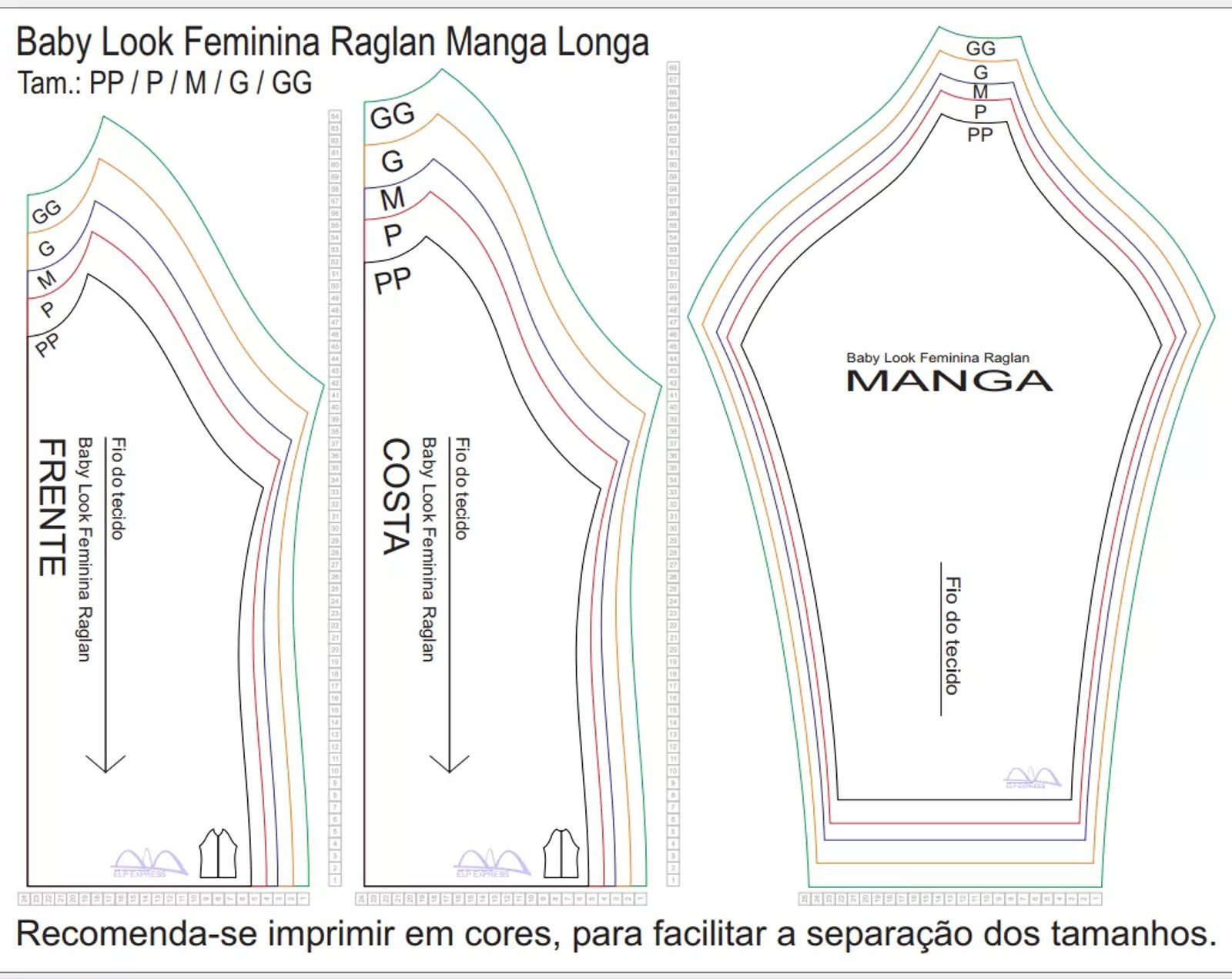 Molde de Costura Para Imprimir Camiseta - 02 - Baby Look Raglan Manga Longa (PP ao GG)