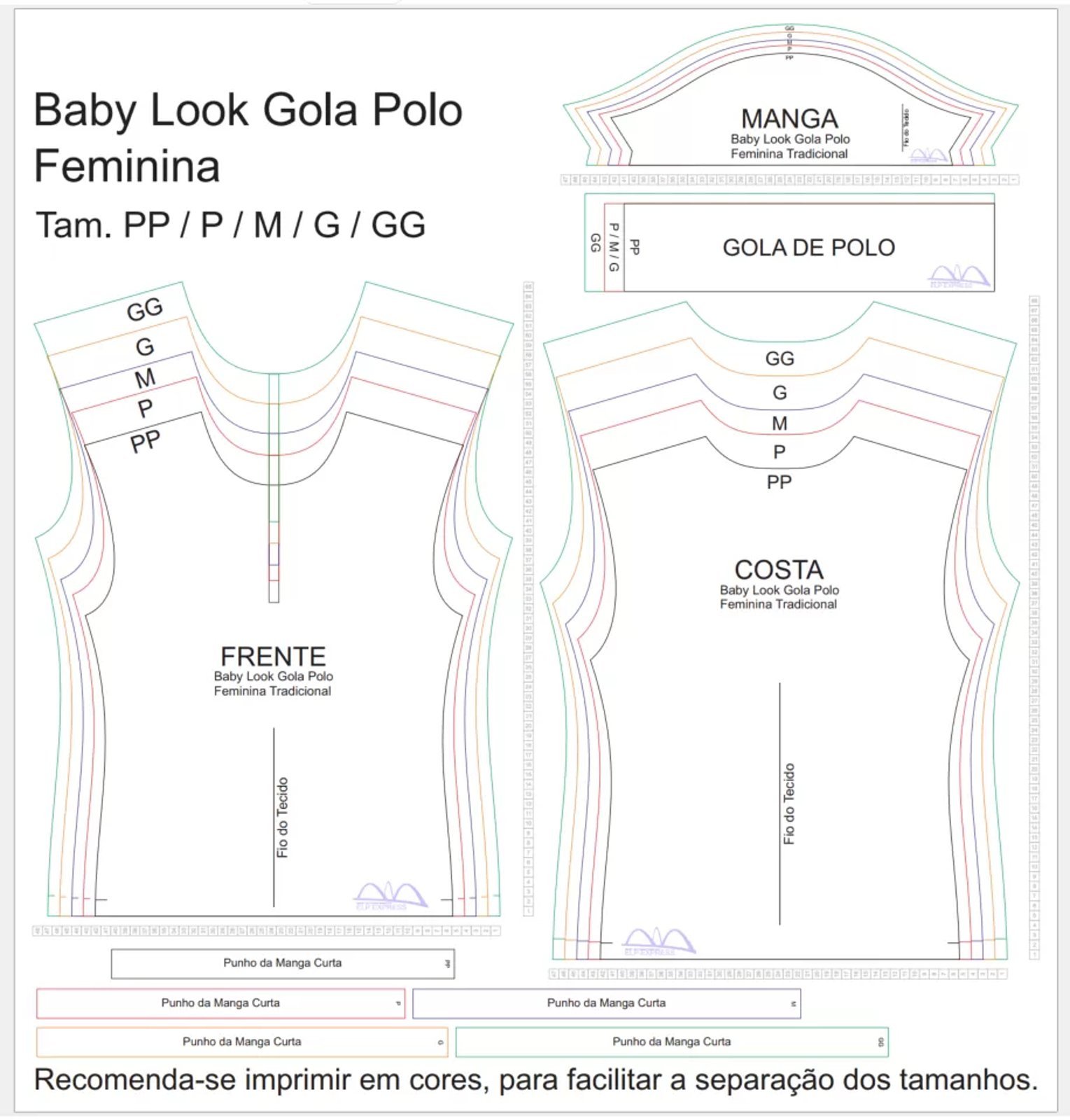 Molde de Costura Para Imprimir Camiseta - 19 - Baby look Gola Polo Tradicional (PP ao GG)