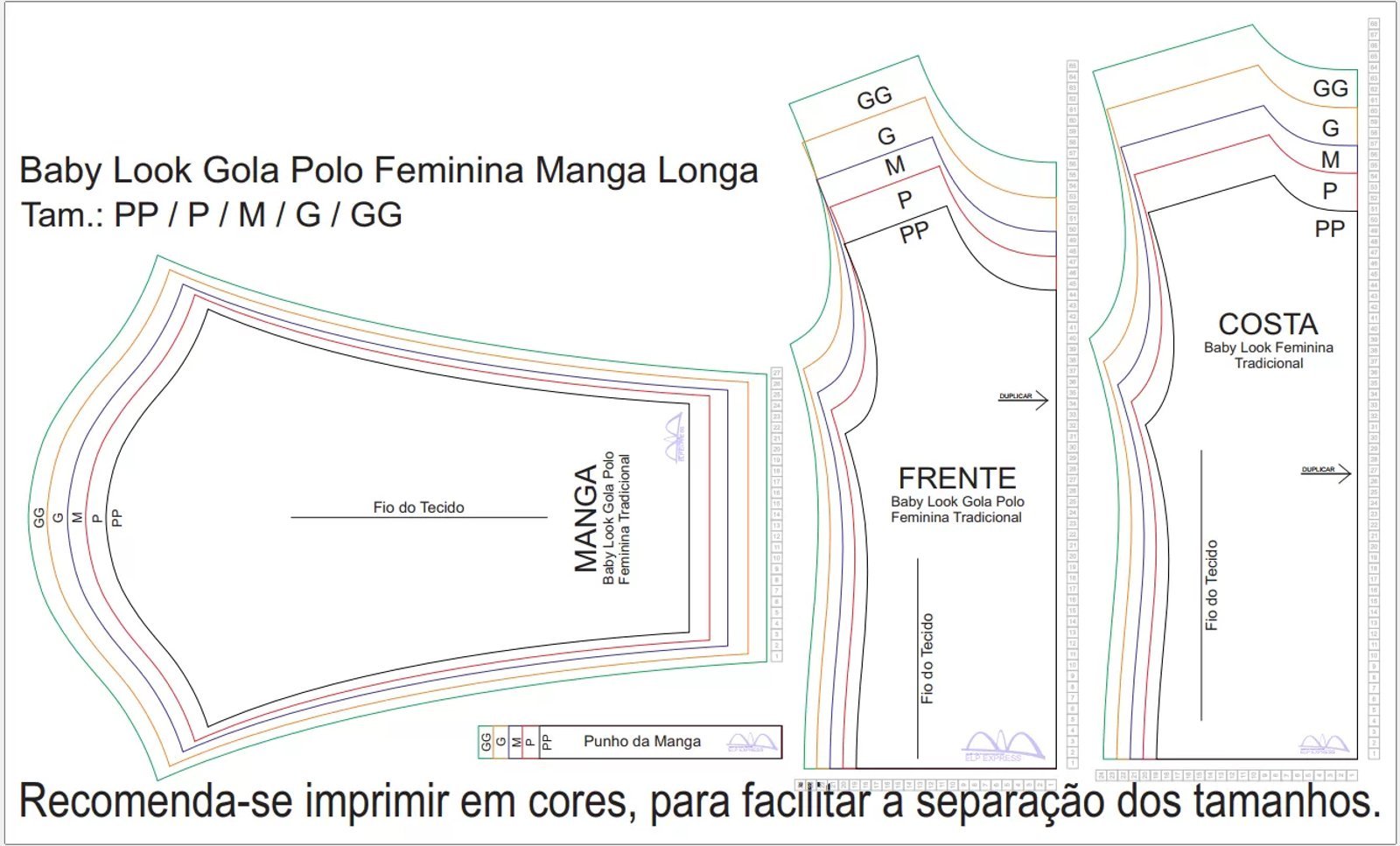 Molde de Costura Para Imprimir Camiseta - 06 - Baby Look Tradicional Manga Longa (PP ao GG)