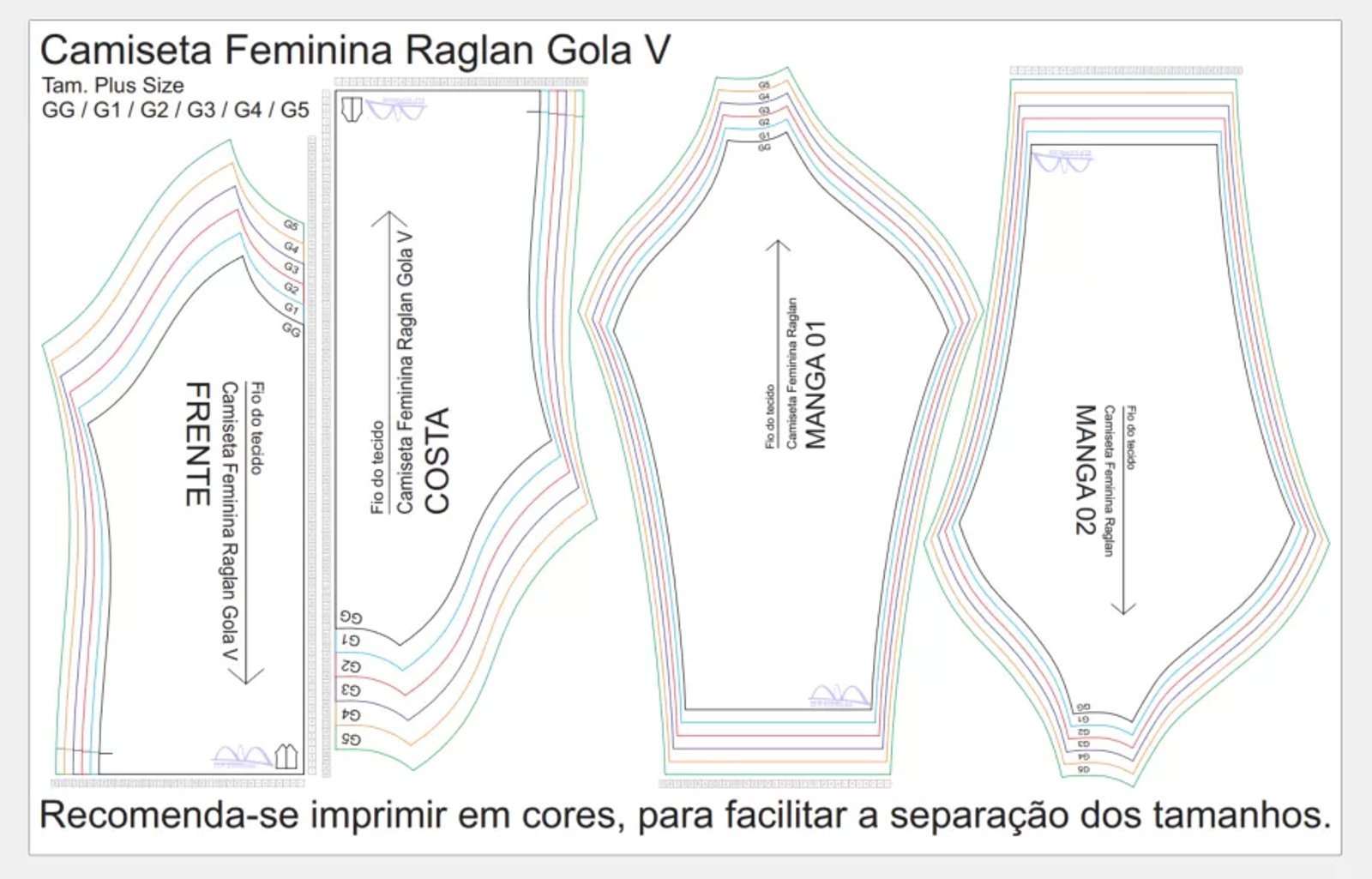 Molde de Costura Para Imprimir Camiseta - 12 - Baby Look Raglan Gola V Manga Longa (GG ao G5)
