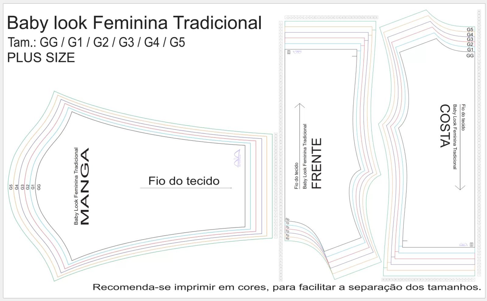 Molde de Costura Para Imprimir Camiseta - 14 - Baby Look Tradicional Manga Longa (GG ao G5)