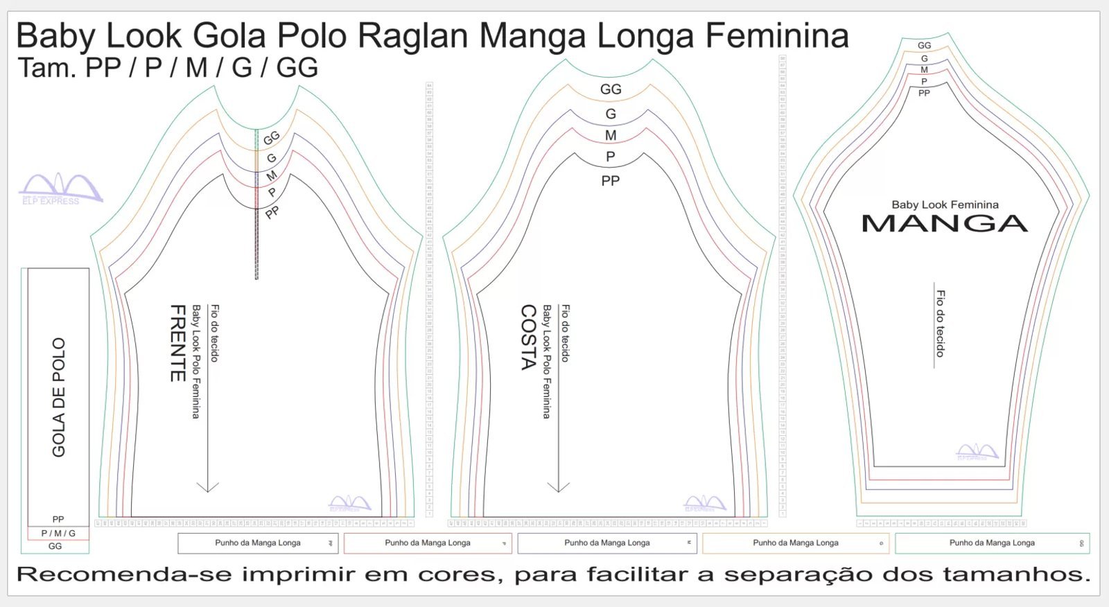 Molde de Costura Para Imprimir Camiseta - 18 - Baby look Gola Polo Raglan Manga Longa (PP - GG)