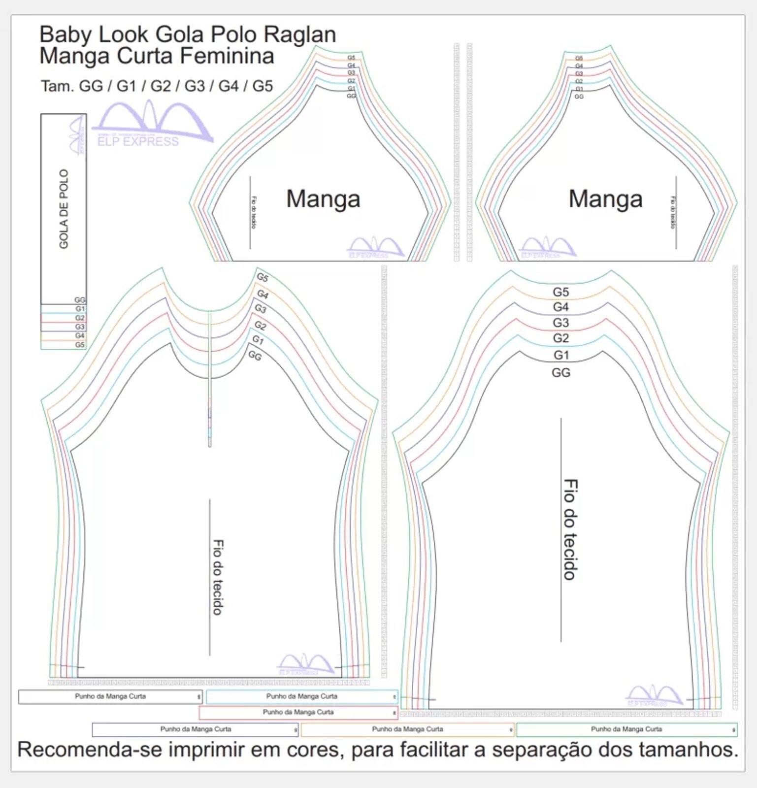 Molde de Costura Para Imprimir Camiseta - 21 - Baby look Gola Polo Raglan (GG - G5)