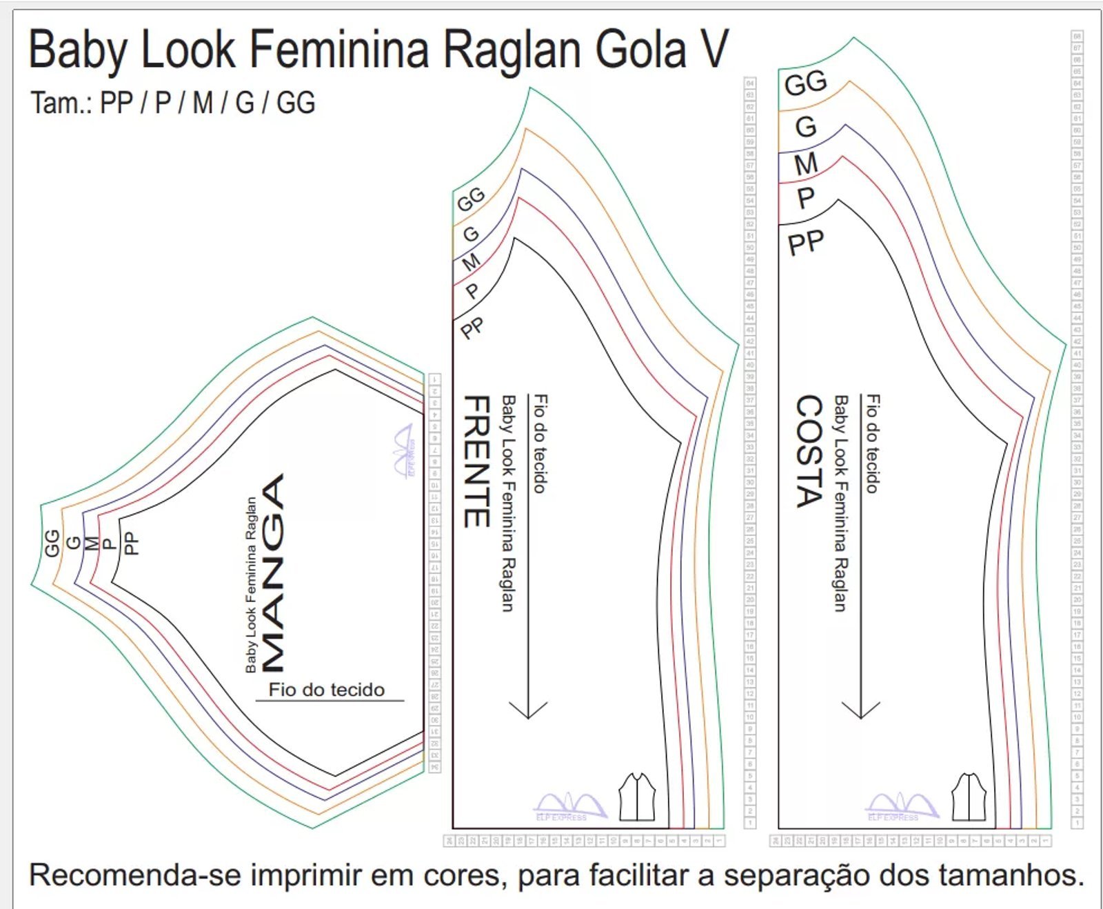Molde de Costura Para Imprimir Camiseta - 03 - Baby Look Raglan Gola V (PP ao GG)