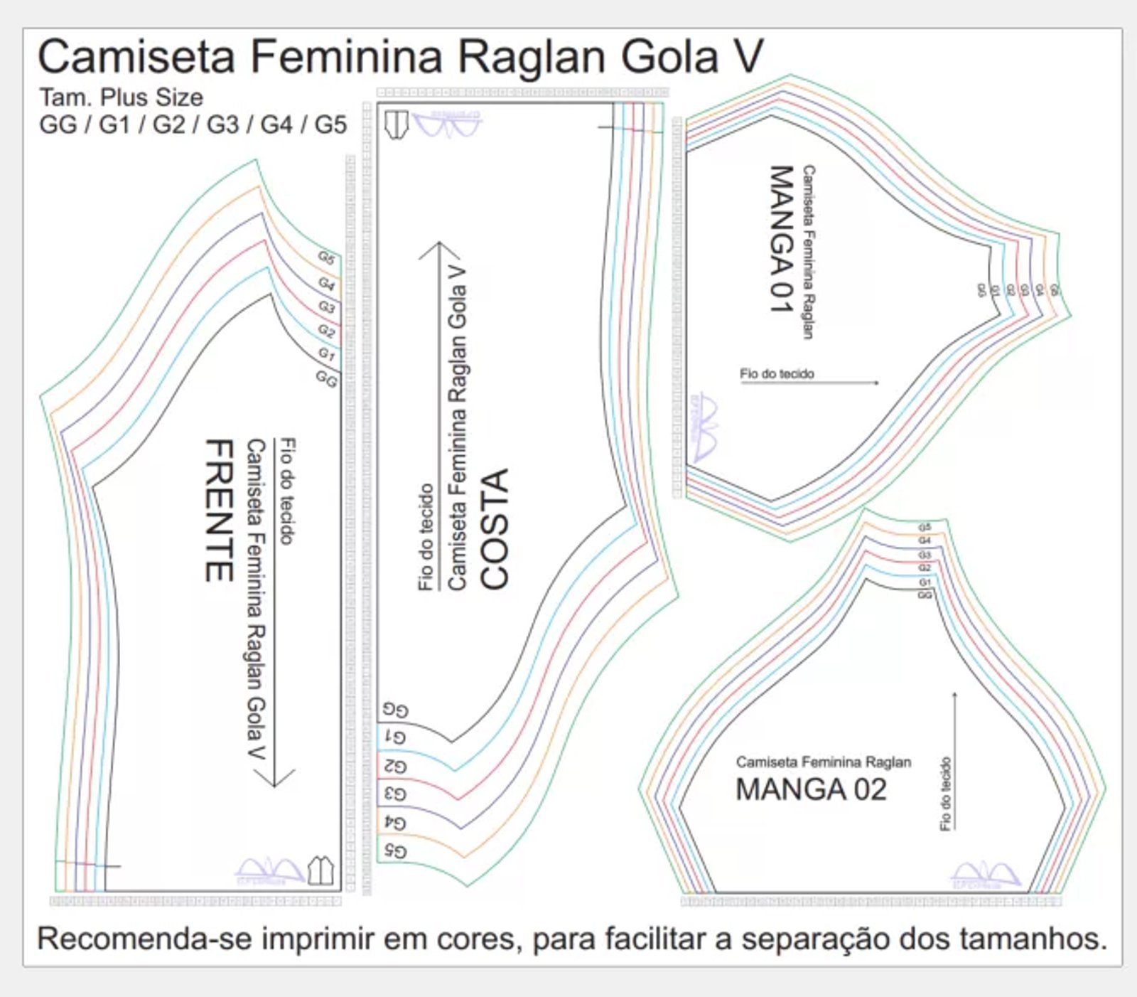 Molde de Costura Para Imprimir Camiseta - 11 - Baby Look Raglan Feminina Gola V Manga Curta (GG ao G5)