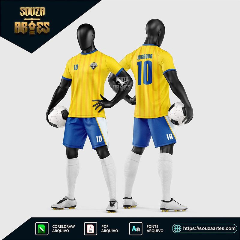Uniforme de futebol amador amarelo e azul com faixa diagonal