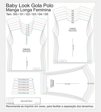 Molde de Costura Para Imprimir Camiseta - 24 - Baby look Gola Polo Tradicional Manga Longa (GG ao G5)