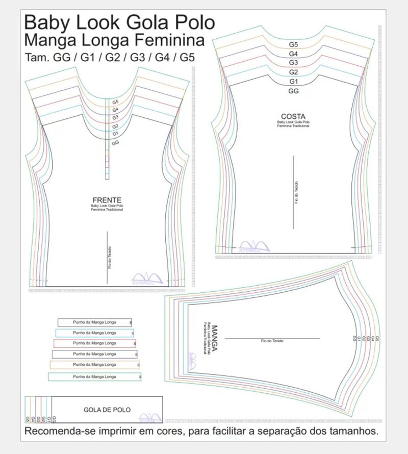 Molde de Costura Camiseta - 24 - Baby look Gola Polo Tradicional Manga Longa (GG ao G5)
