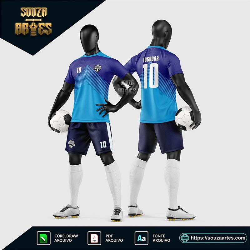 Uniforme de futebol amador azul-marinho e azul-turquesa com faixa diagonal