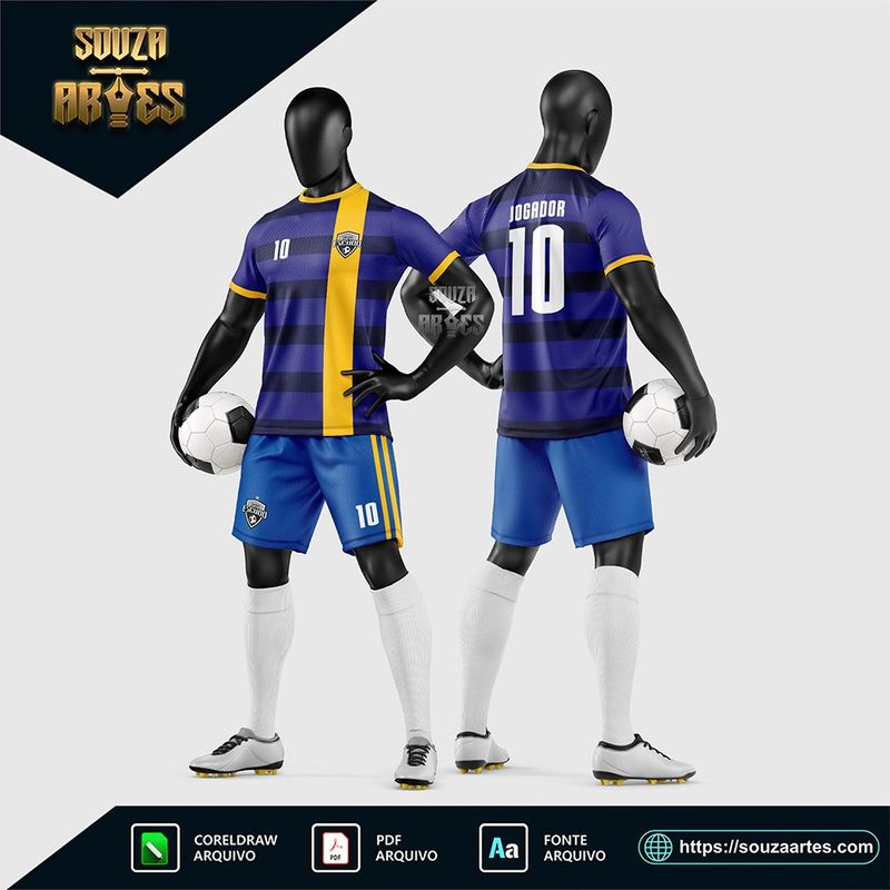 Uniforme de futebol amador azul e roxo com faixa vertical amarela