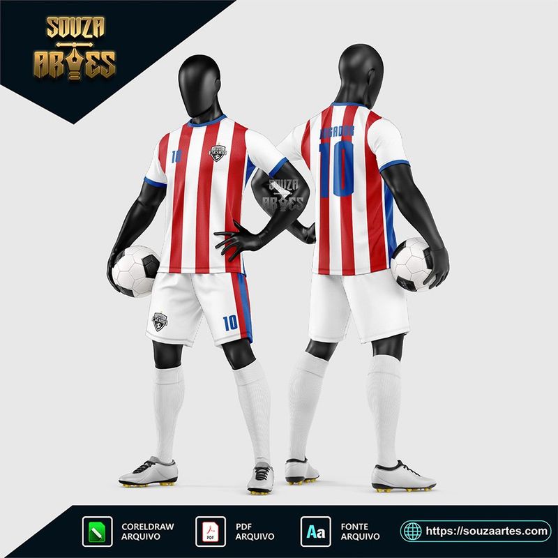 Uniforme de futebol amador listrado em vermelho, branco e azul