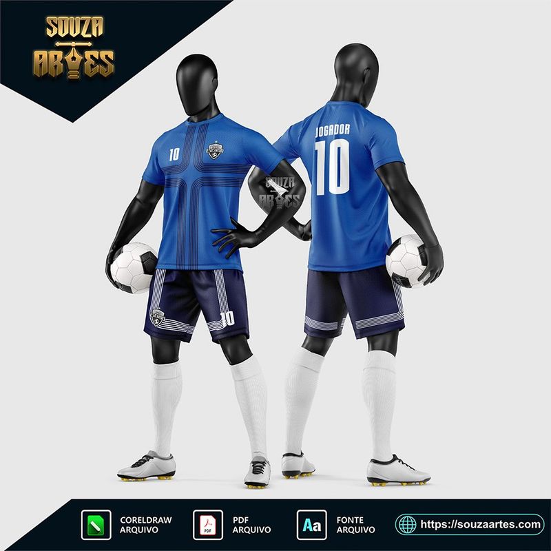 Uniforme de futebol amador azul com faixas geométricas em degradê