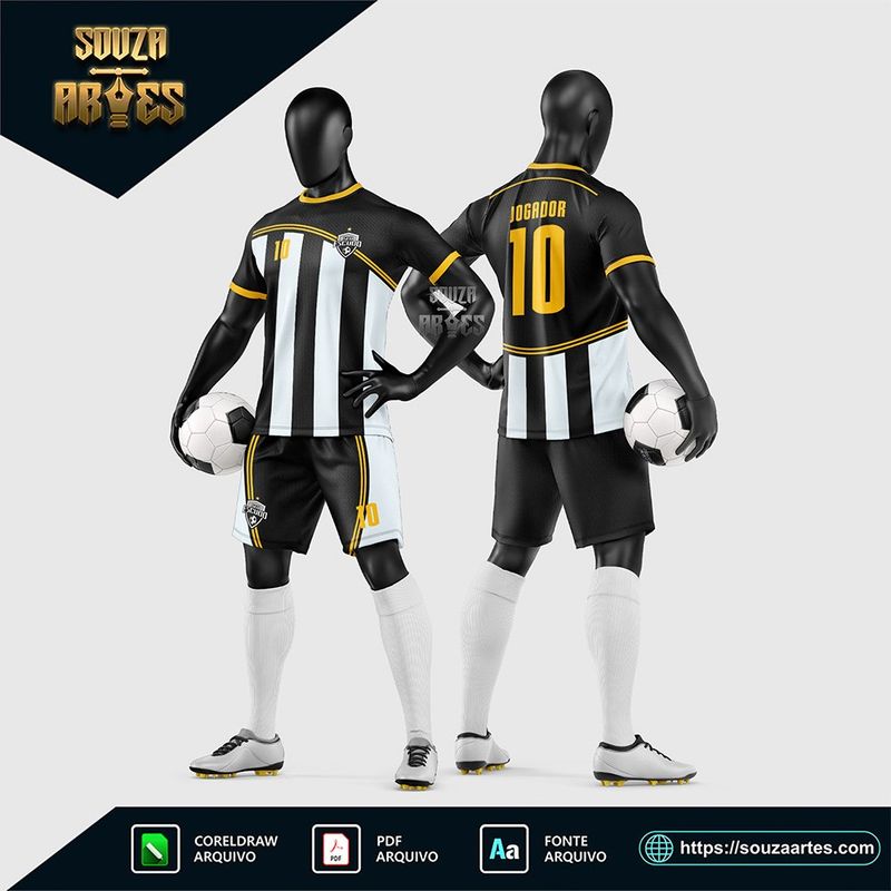 Uniforme de futebol amador preto e branco com detalhes dourados