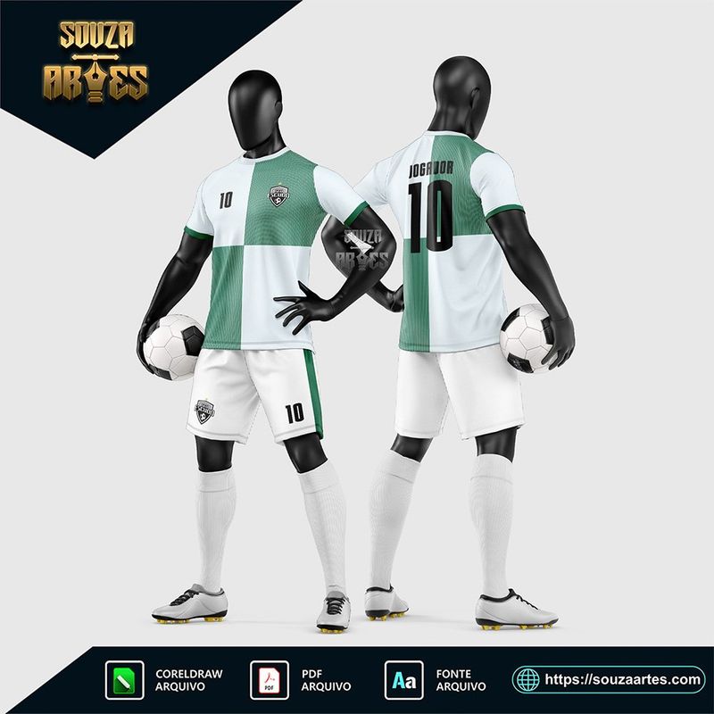 Uniforme de futebol amador branco e verde com grafismos geométricos