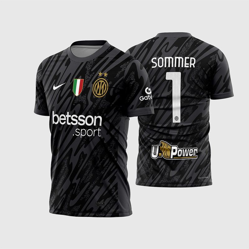 Arte Vetor Camisa Inter de Milão Goleiro III 2024 2025 Preta Logos Dourados Yann Sommer Scudetto Duas Estrelas para Sublimação
