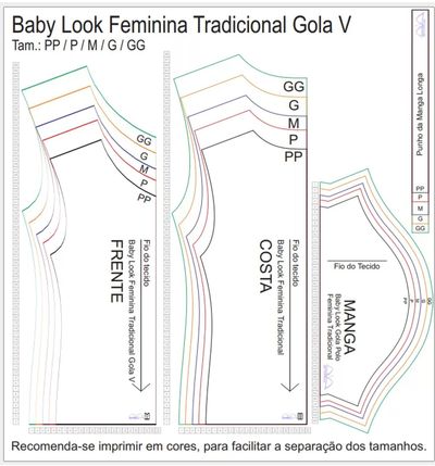 Molde de Costura Para Imprimir Camiseta - 07 - Baby Look Tradicional Gola V (PP ao GG)