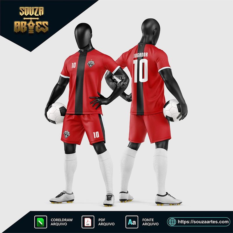 Uniforme de futebol amador vermelho com faixa diagonal preta