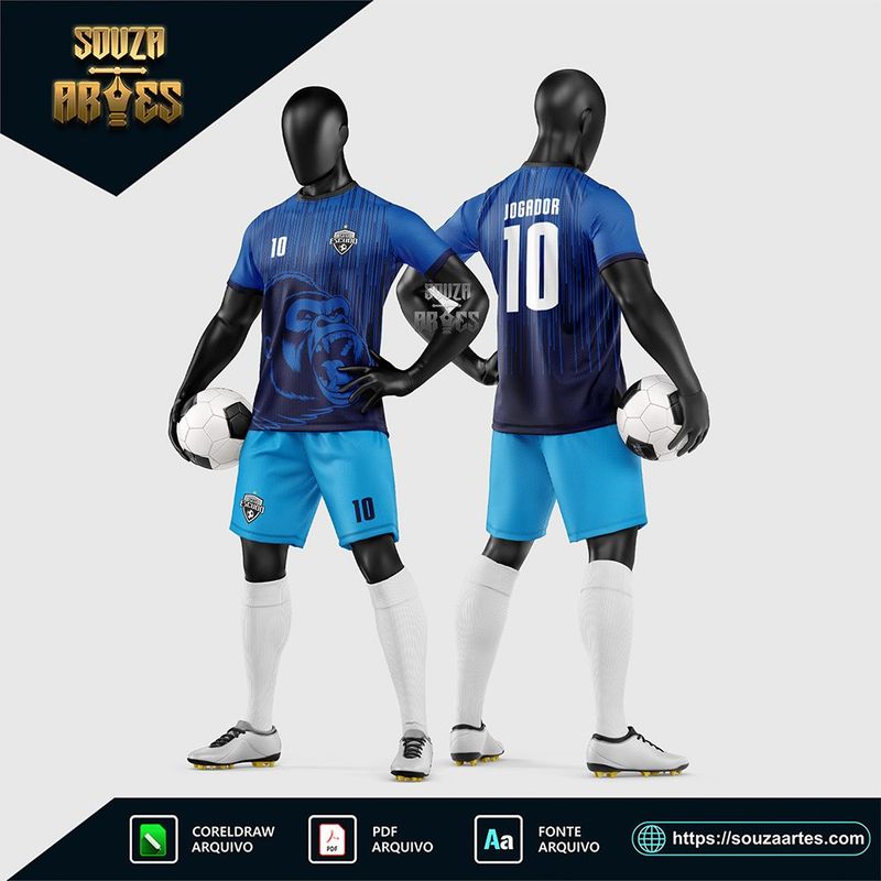 Uniforme de futebol amador azul-marinho com estampa de leão