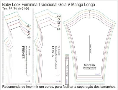 Molde de Costura Para Imprimir Camiseta - 08 - Baby Look Tradicional Gola V Manga Longa (PP ao GG)