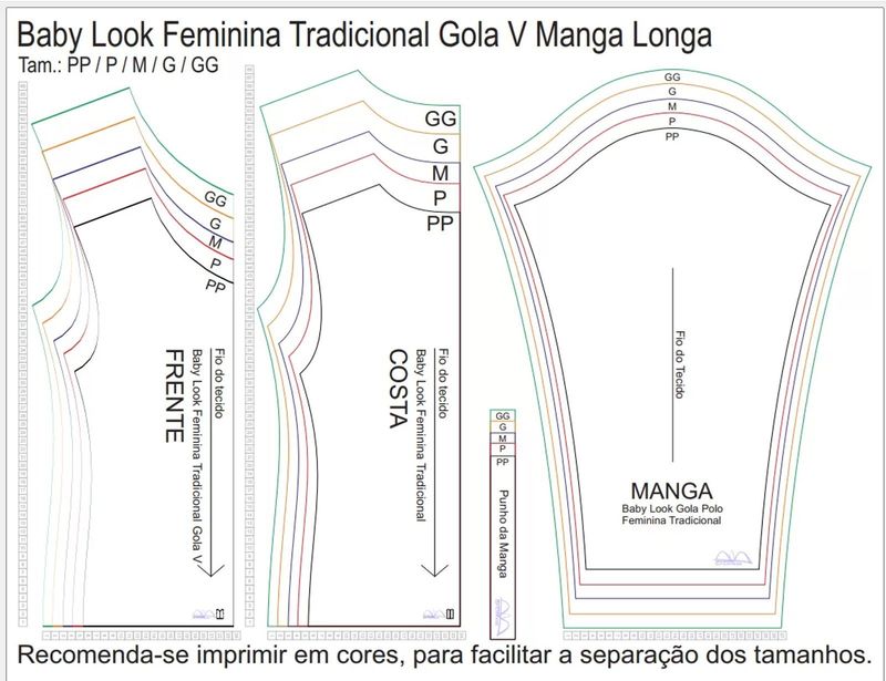 Molde de Costura Camiseta - 08 - Baby Look Tradicional Gola V Manga Longa (PP ao GG)