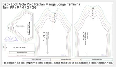 Molde de Costura Para Imprimir Camiseta - 17 - Baby look Gola Polo Raglan (GG ao G5 )