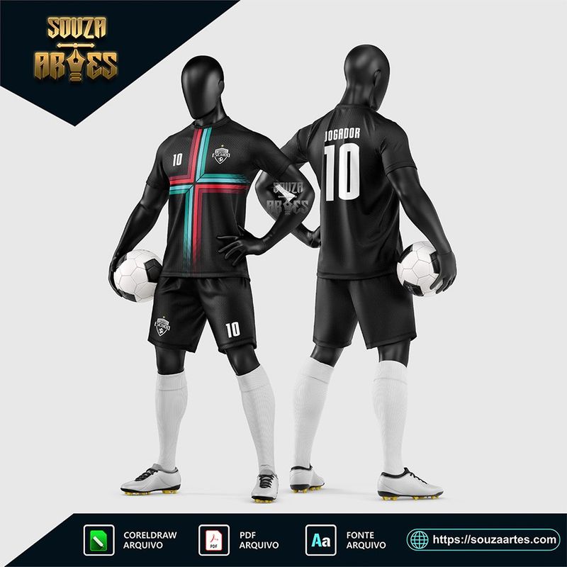 Uniforme de futebol amador preto com faixas verdes e vermelhas