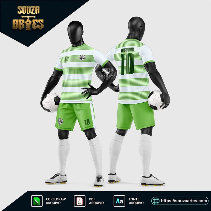 Uniforme de futebol amador branco e verde-limão com listras horizontais