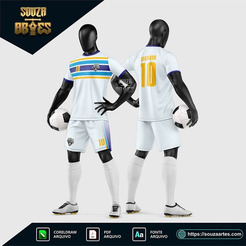 Uniforme de futebol amador branco com faixas azul e amarela nos ombros
