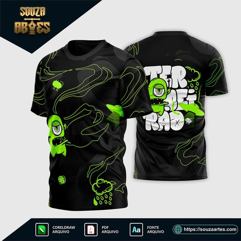 Arte Vetor Camisa Terceirão Alien Verde, design exclusivo com tema alienígena, ideal para personalizações de camisetas.