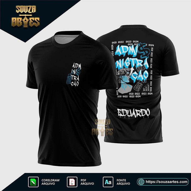 Camisa preta de Formandos Administração com estampa tipográfica azul