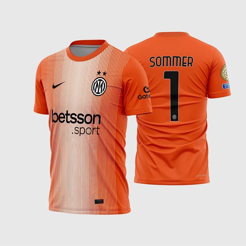 Arte Vetor Camisa Inter de Milão Goleiro II 2025 2026 Laranja Listras Verticais Brancas Yann Sommer para Sublimação