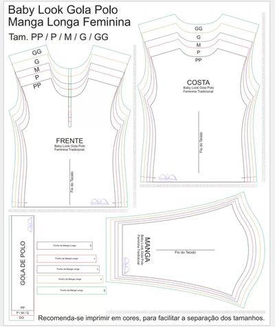 Molde de Costura Para Imprimir Camiseta - 20 - Baby look Gola Polo Tradicional Manga Longa (PP ao GG)