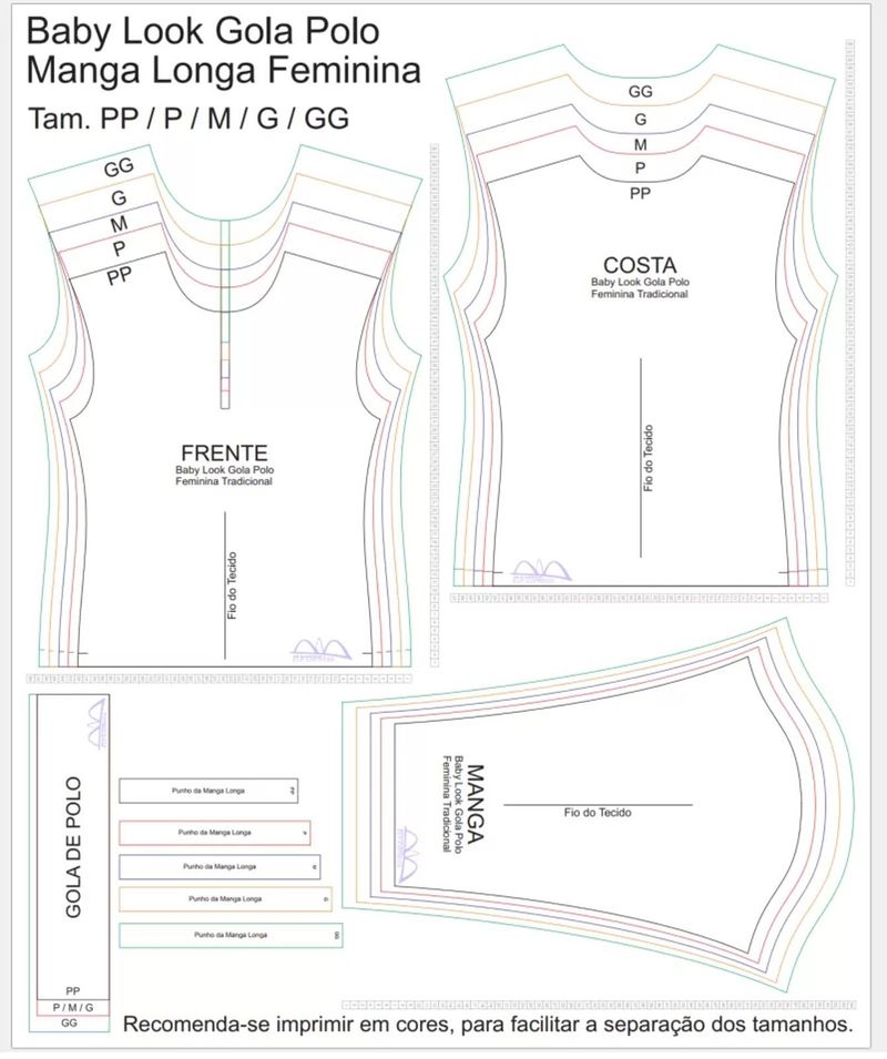 Molde de Costura Camiseta - 20 - Baby look Gola Polo Tradicional Manga Longa (PP ao GG)