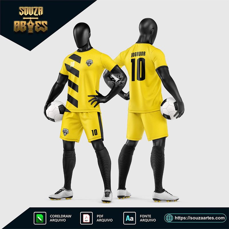 Uniforme de futebol amador amarelo com faixas diagonais pretas