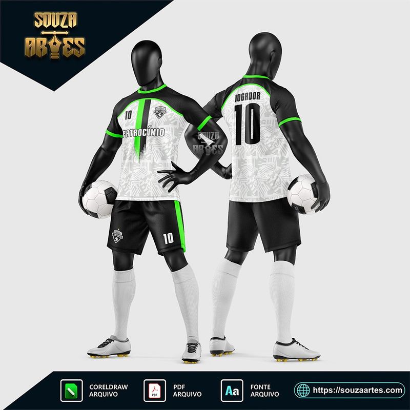 Uniforme de futebol amador branco e preto com detalhes verdes