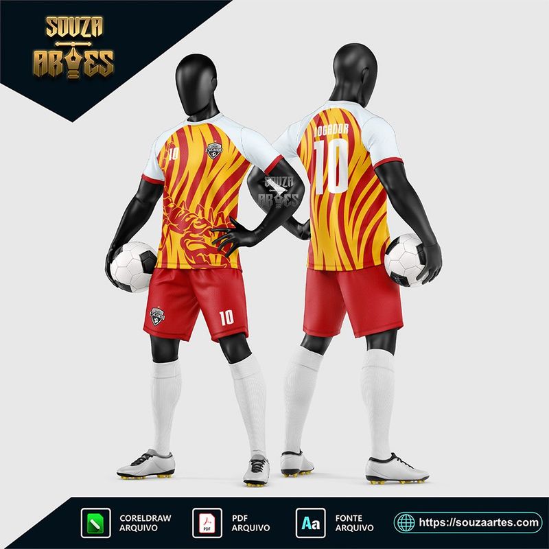 Uniforme de futebol amador amarelo e vermelho com estampa de chamas