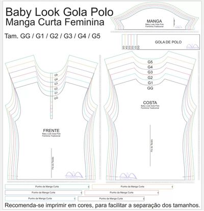 Molde de Costura Para Imprimir Camiseta - 23 - Baby look Gola Polo Tradicional (GG ao G5)