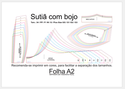 Molde de Costura Para Imprimir Camiseta - 68 - Sutiã com bojo (34-PP ao G3 Plus Size)
