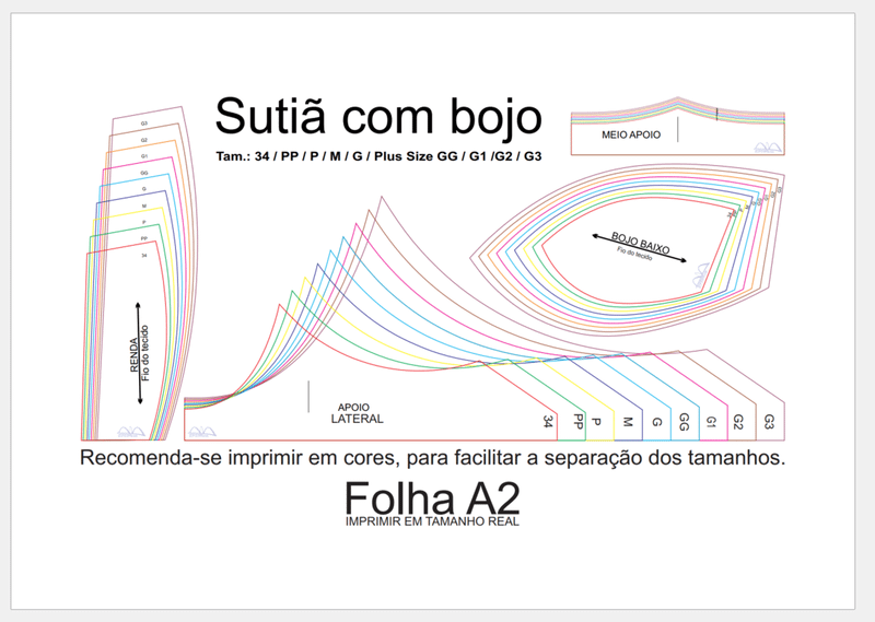 Molde de Costura Camiseta - 68 - Sutiã com bojo (34-PP ao G3 Plus Size)