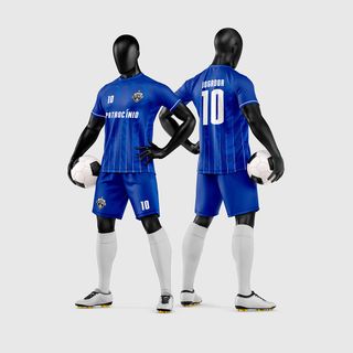 Uniforme de futebol amador azul com faixas verticais em degradê