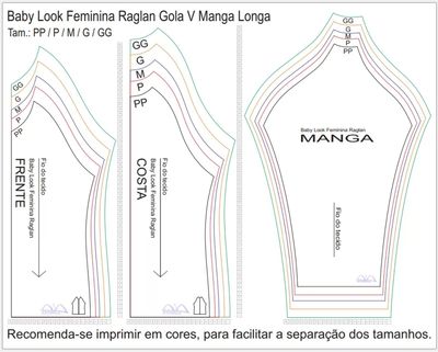 Molde de Costura Para Imprimir Camiseta - 04 - Baby Look Raglan Gola V Manga Longa (PP ao GG)