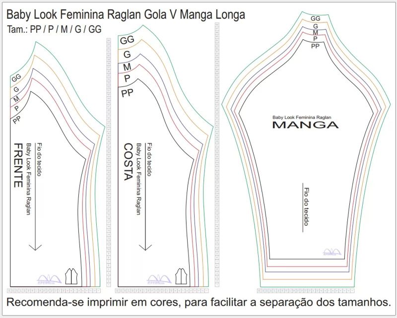 Molde de Costura Camiseta - 04 - Baby Look Raglan Gola V Manga Longa (PP ao GG)